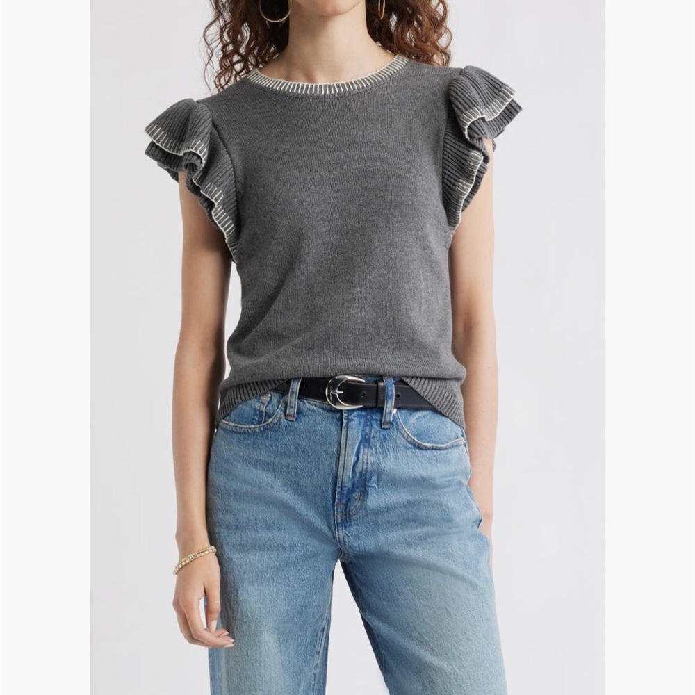 Treasure & Bond Gray Flutter Sleeve Cotton Sweater